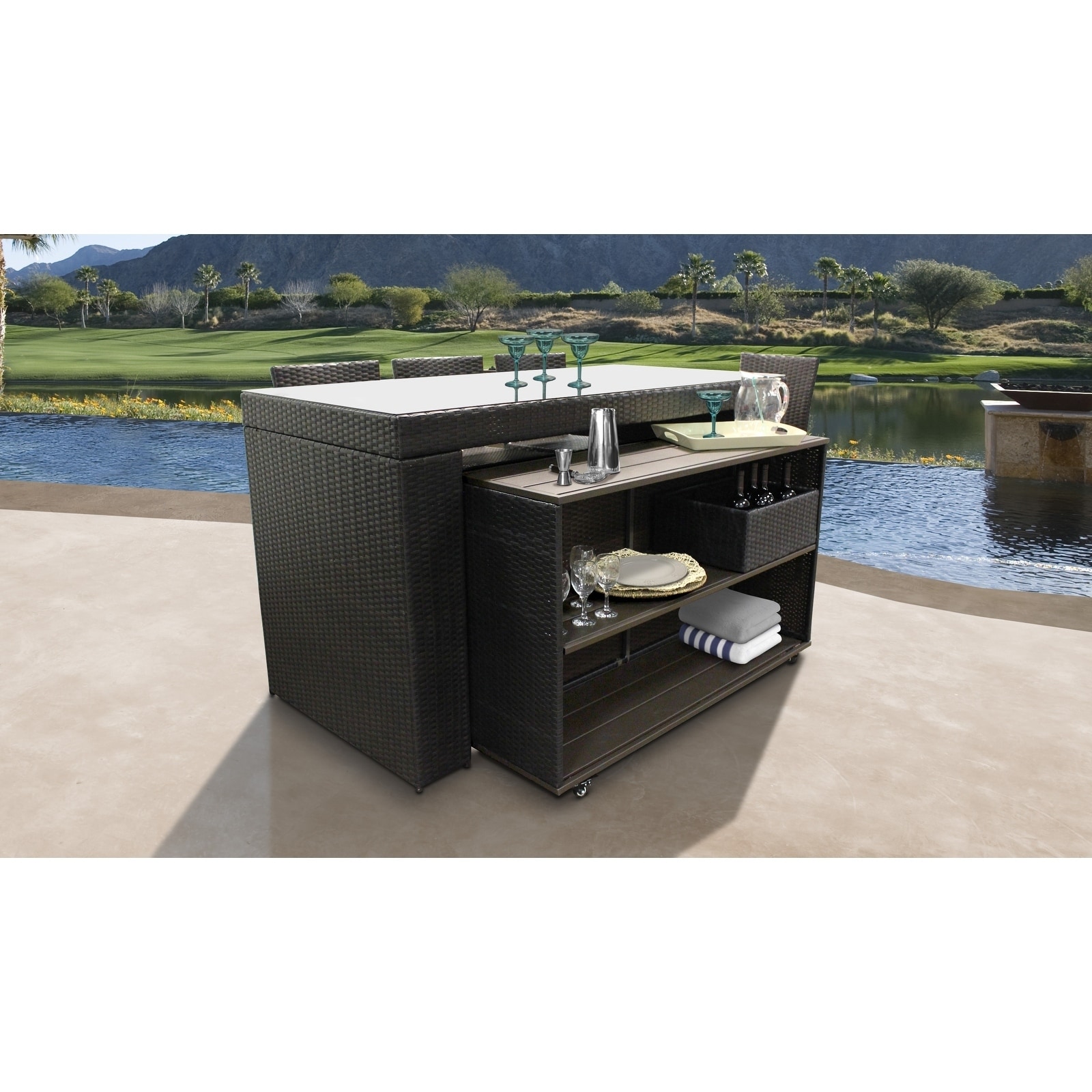 Barbados Bar Table Set with Cart, Basket, and 4 Barstools 7 Piece Outdoor Wicker Patio Furniture
