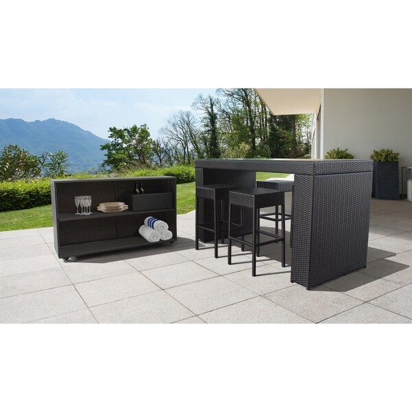 Barbados Bar Table Set with Cart, Basket, and 4 Backless Barstools 7 Piece Outdoor Wicker Patio Furniture