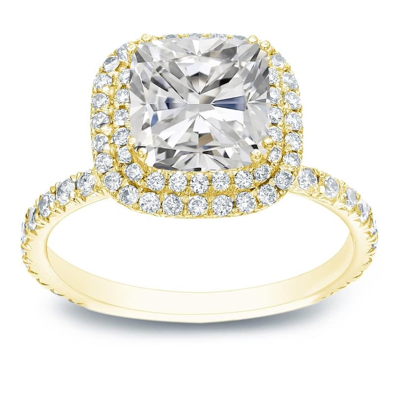Auriya 14k Gold 1 3/4ctw Cushion-cut Halo Diamond Engagement Ring Certified (H-I, I1-I2) - Yellow - 6.5