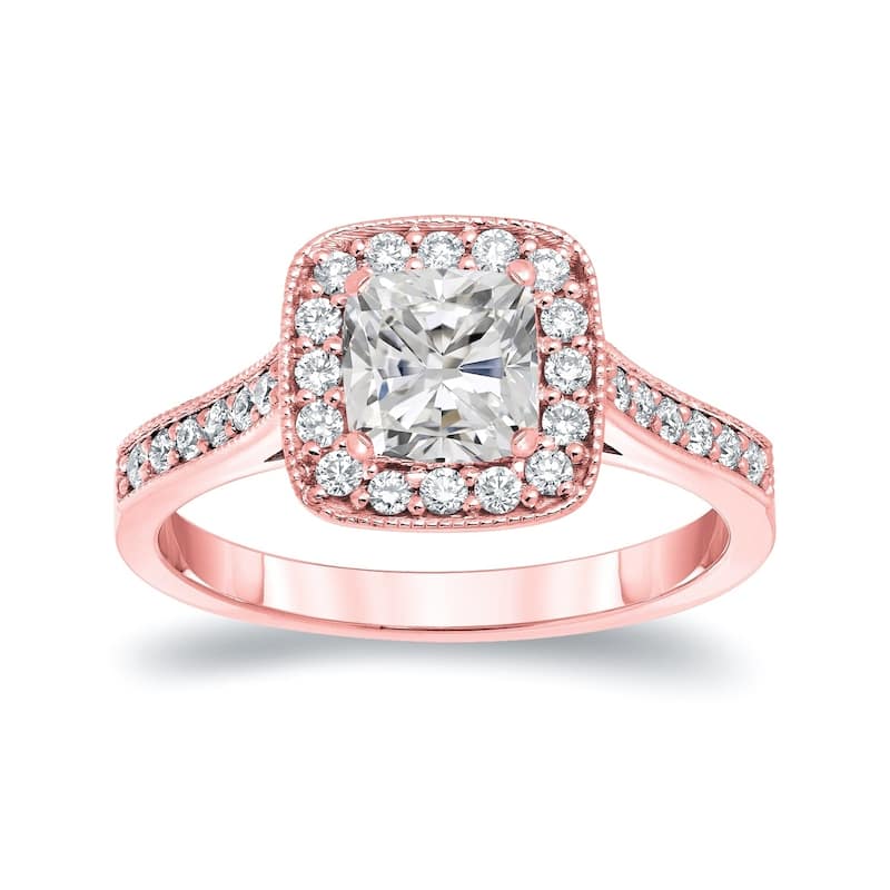 Auriya 14k Gold 1 1/2ctw Vintage Cushion-cut Halo Diamond Engagement Ring Certified (H-I, I1-I2) - Rose - 7.5
