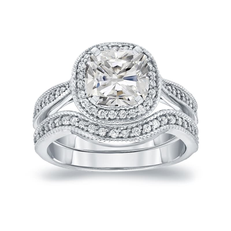 Auriya 1 5/8ctw Vintage Cushion-cut Diamond Halo Engagement Ring Set 14k Gold Certified - 7.5 - White