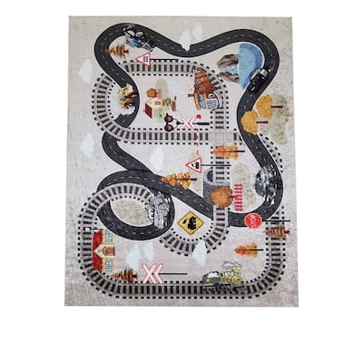 La Dole Rugs Cream Beige Grey Train Tracks Road Area Rug Mat For Kids Kid Childrens Playroom 5x7, 8x10, 7X9 feet