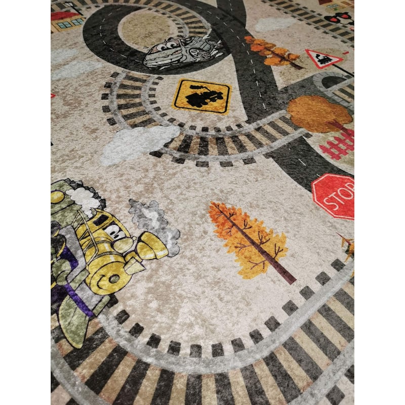 La Dole Rugs Cream Beige Grey Train Tracks Road Area Rug Mat For Kids Kid Childrens Playroom 5x7, 8x10, 7X9 feet