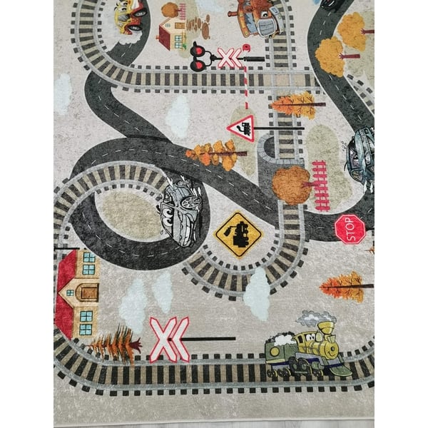 Well Woven Kids Rugs Playful Roads Modern Machine Washable Area Rug - Light Grey - 5' x 7