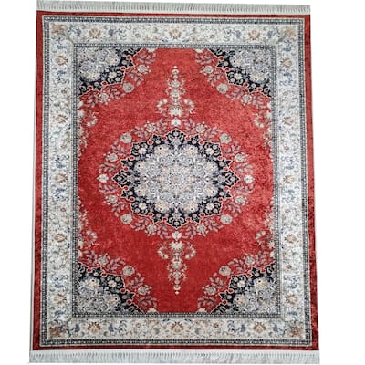 La Dole Rugs Red Blue Silver Grey Bordered Flat Pile Machine Washable Area Rug Carpet Living Room Patio 5x7 8x10 7X9 feet