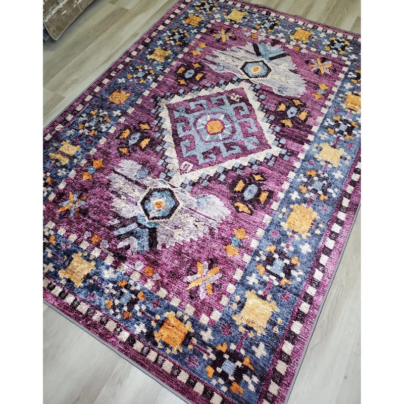 La Dole Rugs Dark Pink Blue Bordered Flat Low Pile Area Rug Carpet Living Room Hallway Patio 5x7, 8x10, 7X9 feet