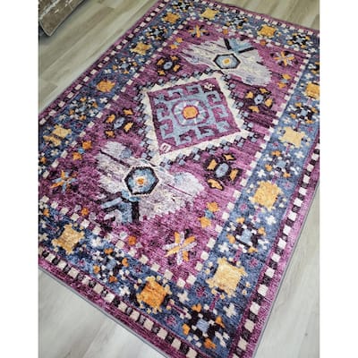 La Dole Rugs Dark Pink Blue Bordered Flat Low Pile Area Rug Carpet Living Room Hallway Patio 5x7, 8x10, 7X9 feet