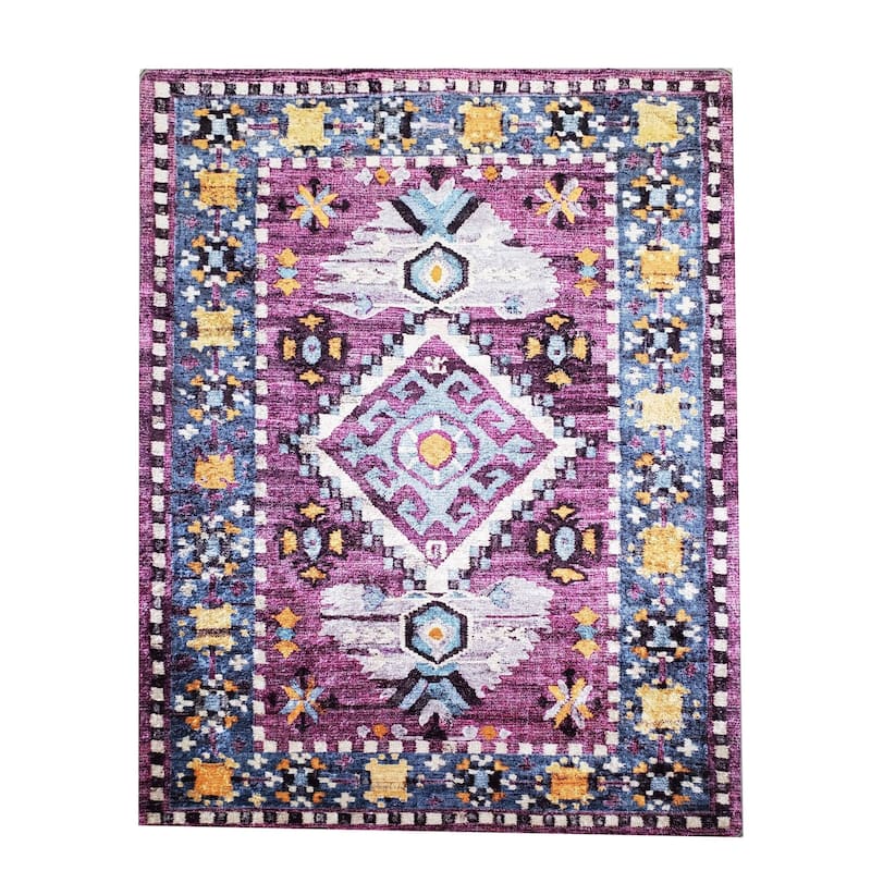 La Dole Rugs Dark Pink Blue Bordered Flat Low Pile Area Rug Carpet Living Room Hallway Patio 5x7, 8x10, 7X9 feet