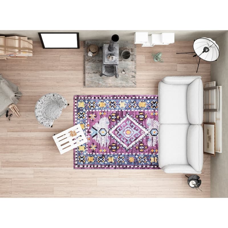 La Dole Rugs Dark Pink Blue Bordered Flat Low Pile Area Rug Carpet Living Room Hallway Patio 5x7, 8x10, 7X9 feet