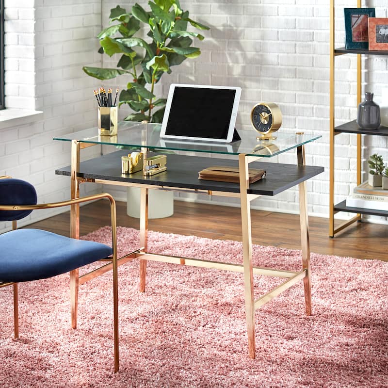 Lifestorey Thayer Mid-Century Glass Desk - Goldtone Finish - Black