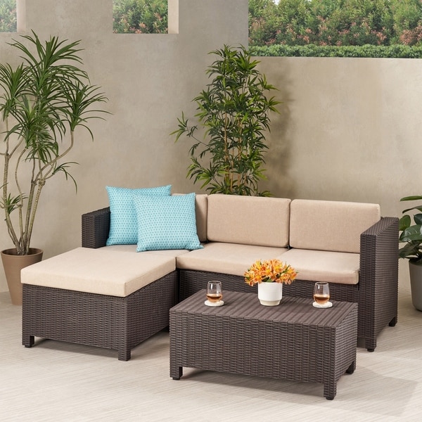 Waverly Outdoor 3 Seater Faux Wicker Print Sectional Set with Ottoman by Christopher Knight Home. Opens flyout.
