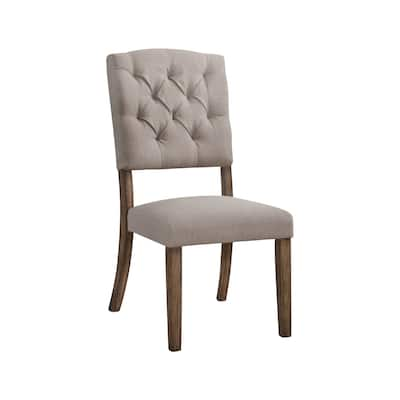 Linen Upholstered Wooden Side Chair with Flared Legs, Beige and Brown, Set of Two