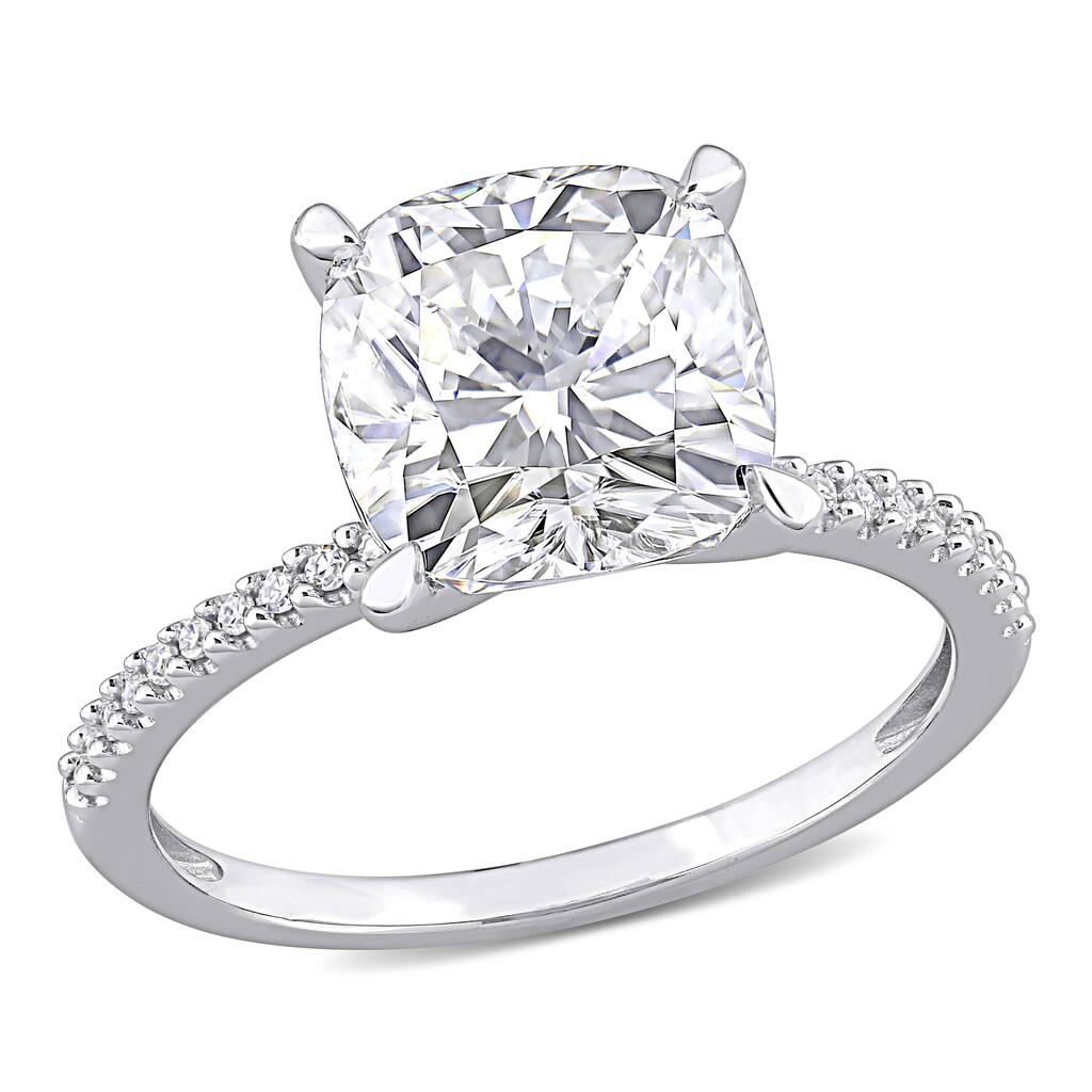 Miadora Cushion-Cut Moissanite & 1/10ct TDW Diamond Engagement Ring 14k White Gold