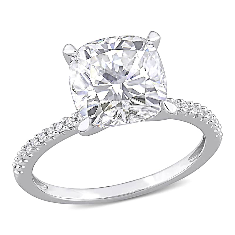 Miadora Cushion-Cut Moissanite & 1/10ct TDW Diamond Engagement Ring 14k White Gold