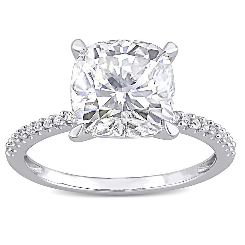 Cushion-Cut Moissanite & 1/10ct TDW Diamond Engagement Ring in 14k White Gold by Miadora