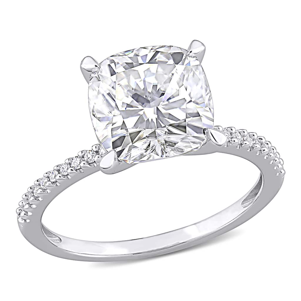 Cushion-Cut Moissanite & 1/10ct TDW Diamond Engagement Ring in 14k White Gold by Miadora