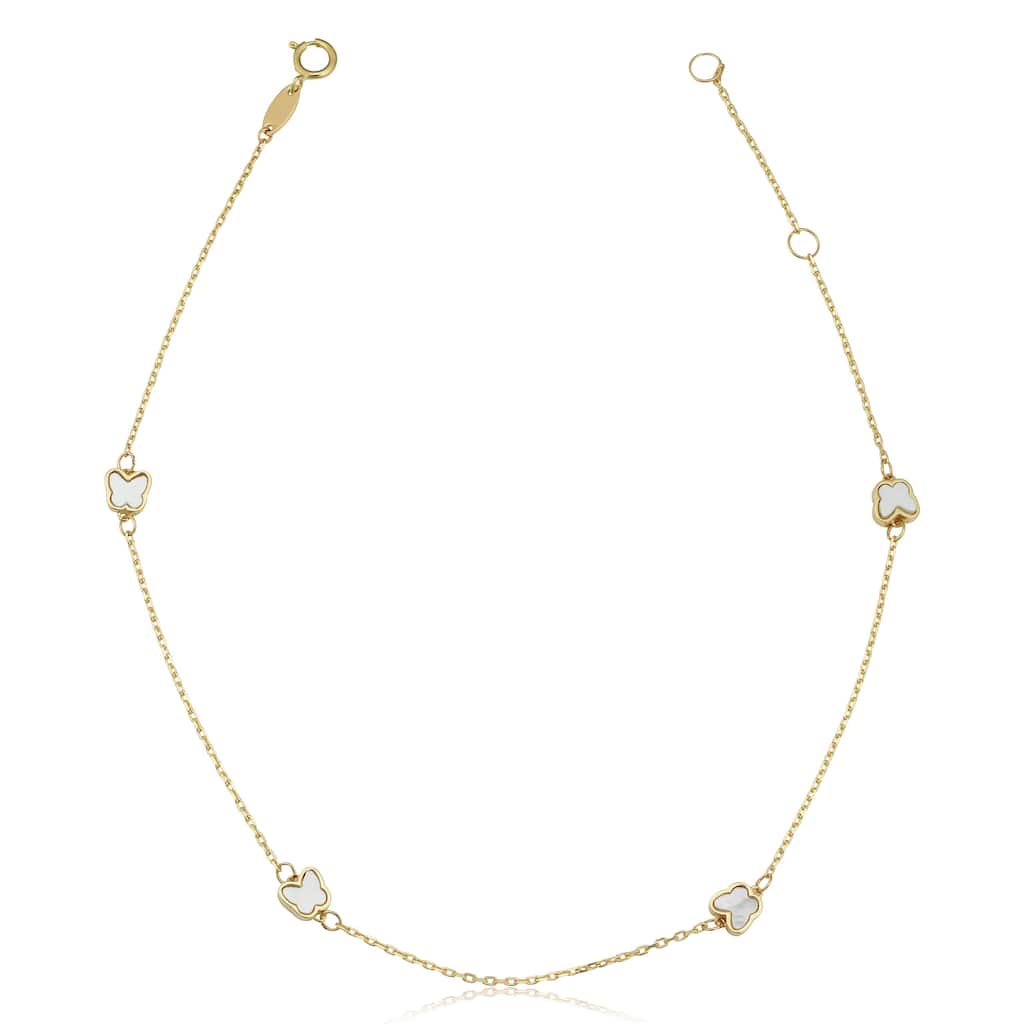 14k Yellow Gold Mother of Pearl Butterfly Station Anklet (adjusts to 9 or 10 inches)