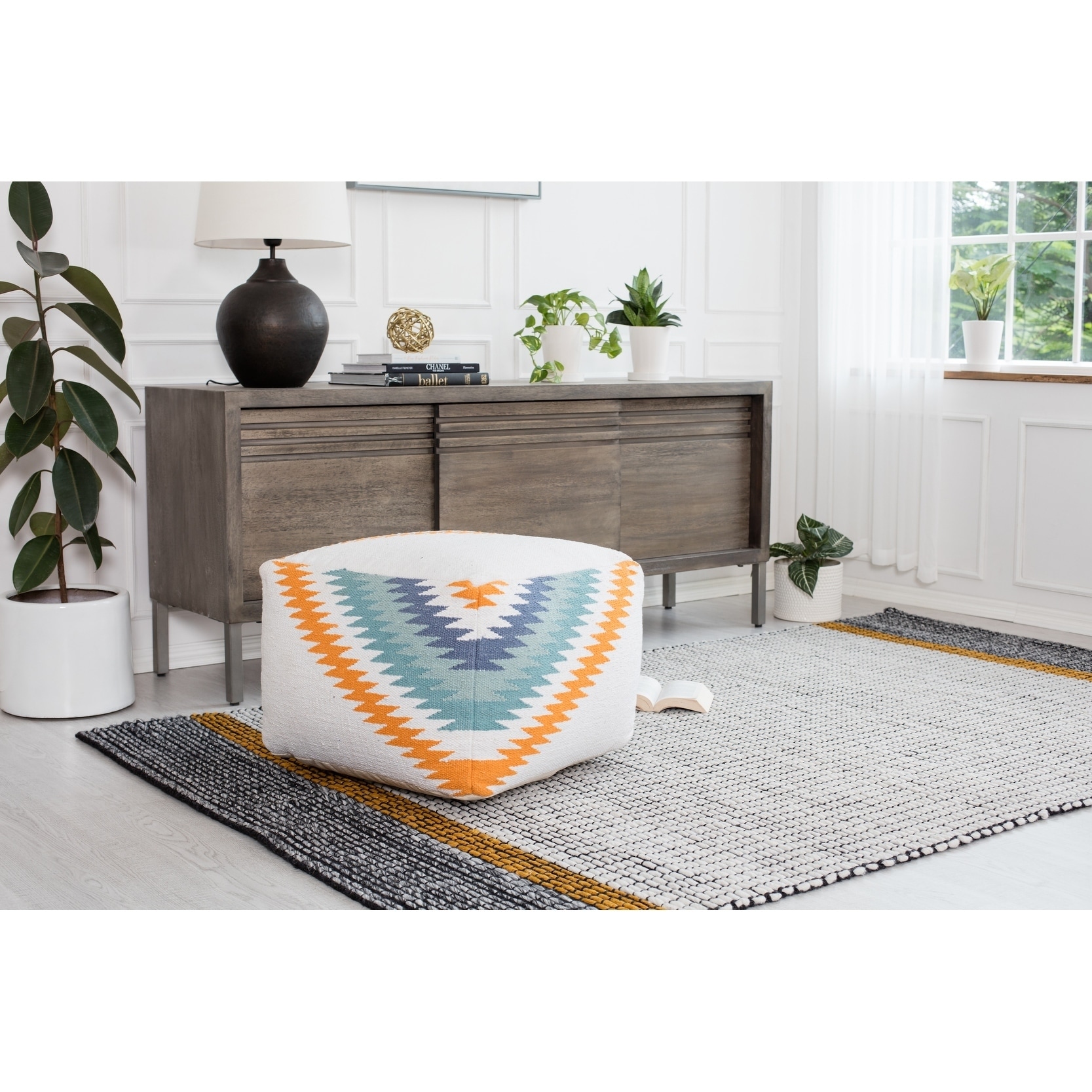 Jani Retro White Zig Zag 24-inch Square Pouf Ottoman
