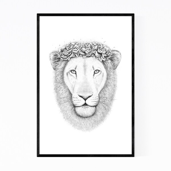Noir Gallery Lion Animal Floral Illustration Framed Art Print