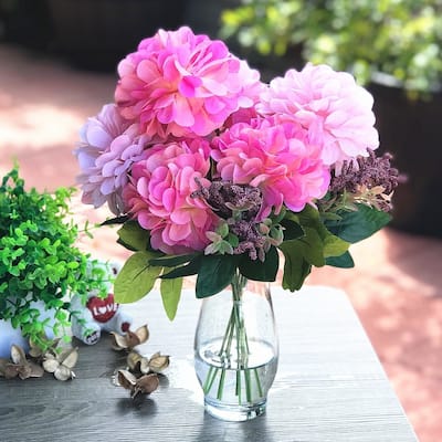 Enova Home Artificial Mixed Silk Dahlia Fake Flowers Arrangement in Glass Vase with Faux Water For Home Office Decoration - N/A