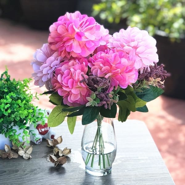 Shop Enova Home Pink Mixed Dahlia Silk Flower Arrangement In Glass