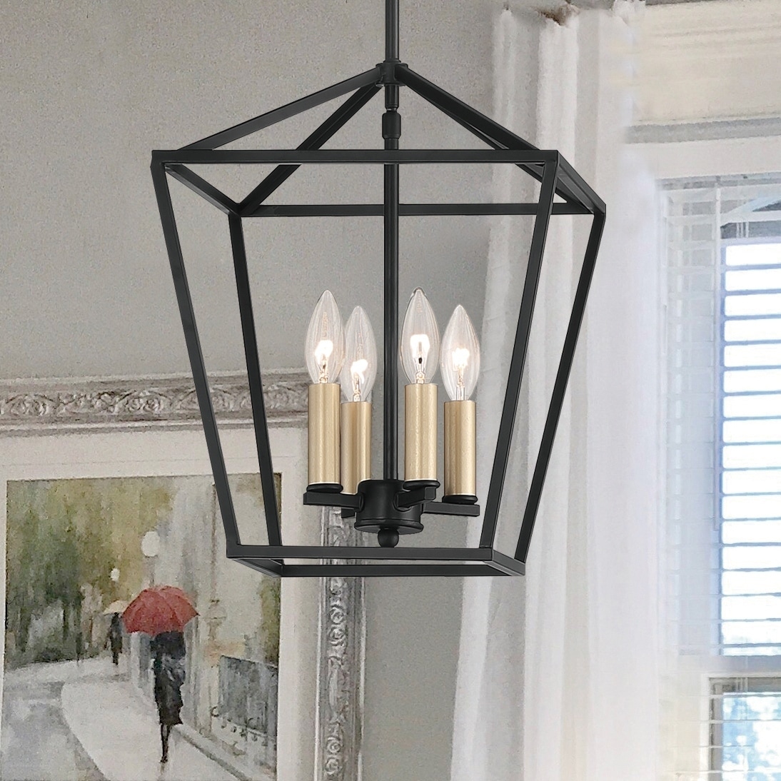 Vanity Art 17-Inch Light Geometric Metal Hanging Modern Lantern Candle Chandelier with 4 E12 Bulb 60-100W Matte Black Finish - Chandeliers For Bedrooms by Overstock.com