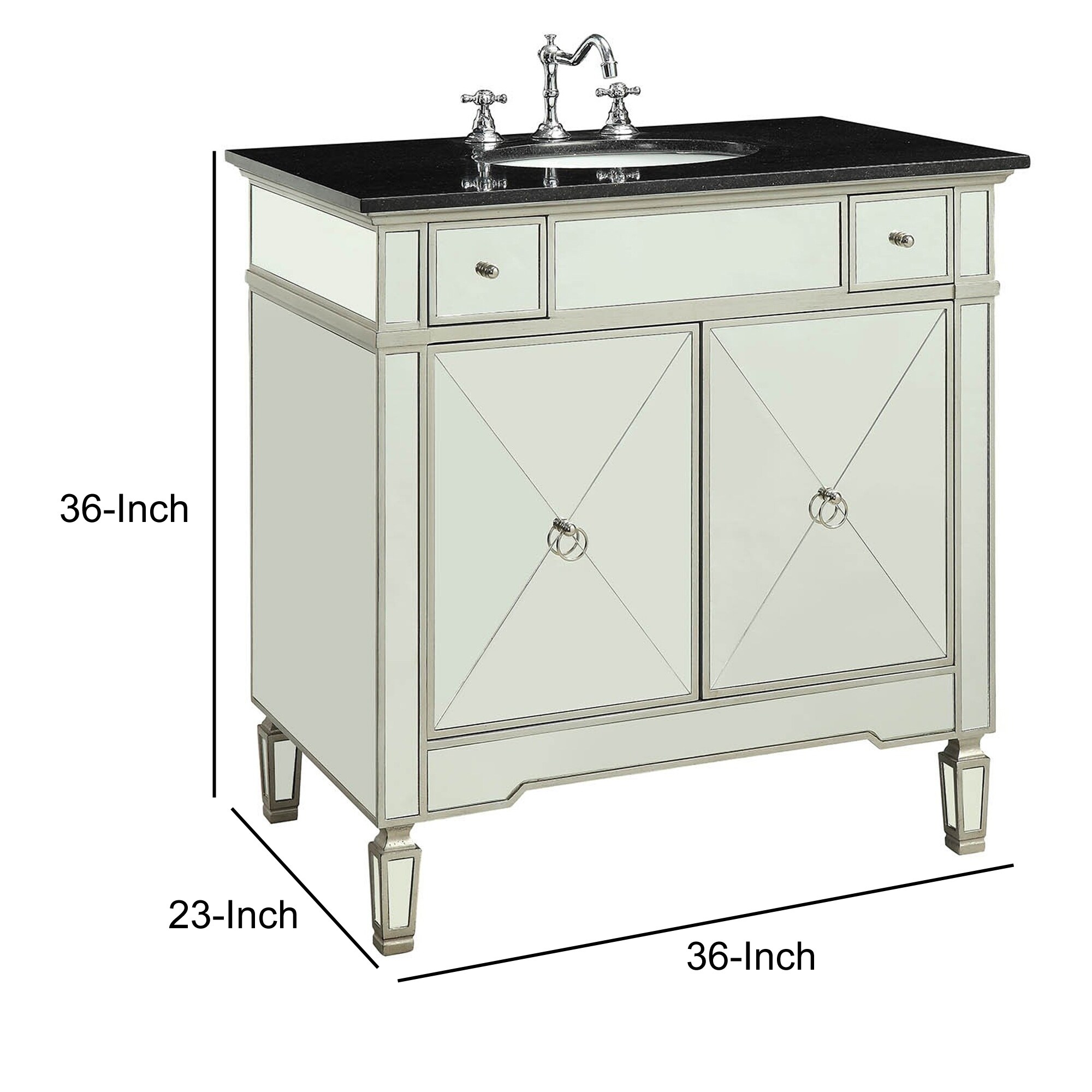 Shop Mirrored Wooden Sink Cabinet With Two Side Drawers And Double Door Storage Black And Silver On Sale Free Shipping Today Overstock 29366357