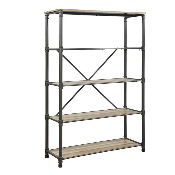 Pipe Inspired Steel Frame Bookshelf with Five Fixed Shelves, Oak Brown and Sandy Gray