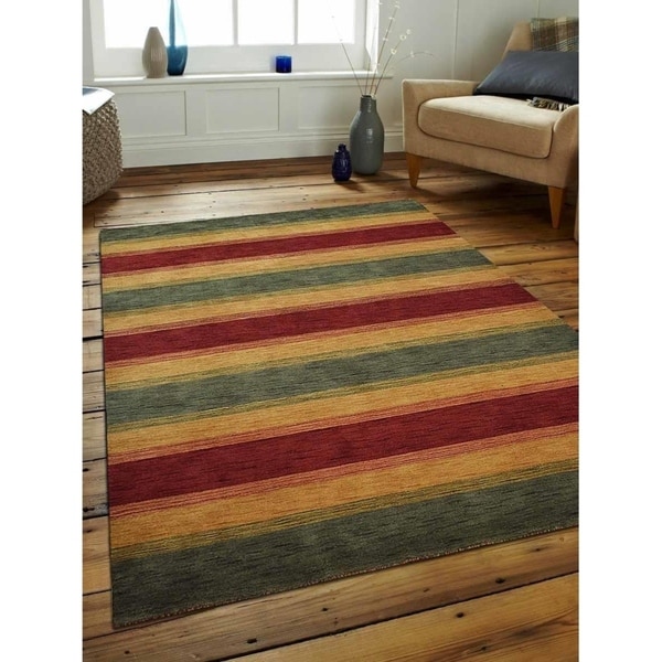 Modern Striped Carpet Indian Oriental Hand Knotted Gabbeh Area Rug