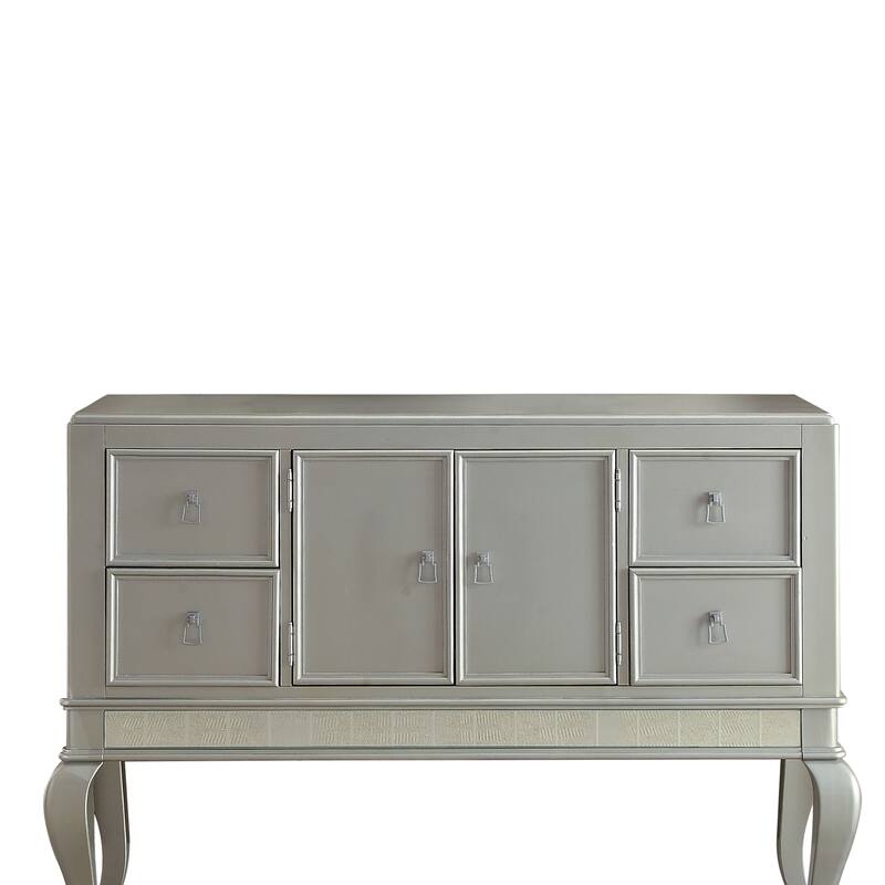 Wooden Server with Four Drawers and Mirror Accents, Champagne Silver