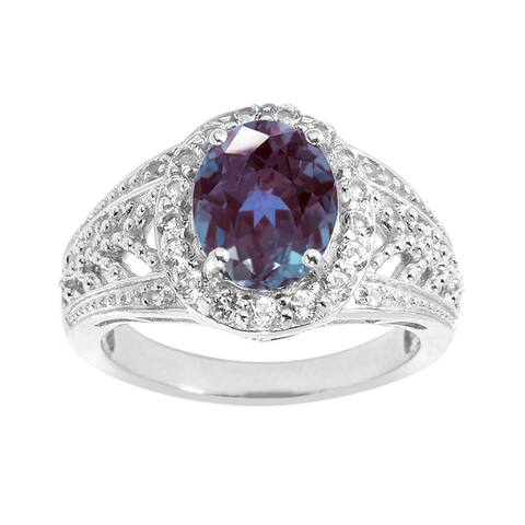 Sterling Silver with Color Changing Alexandrite and Natural White Topaz Halo Ring