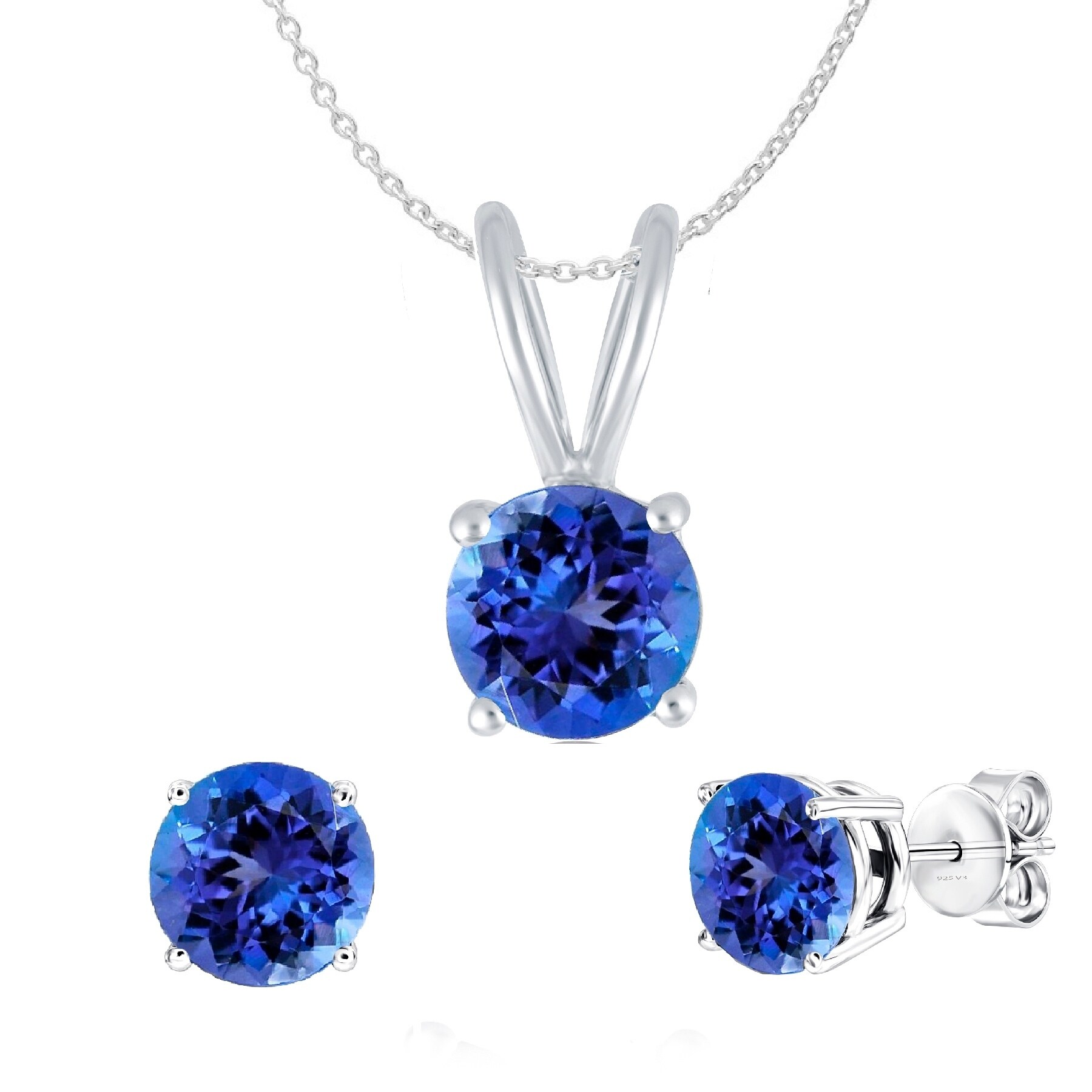 Tanzanite & CZ Halo Style .925 Sterling Silver Earring & Pendant Jewelry set 