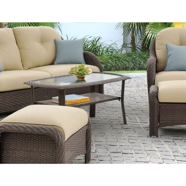 Shop Hanover Newport 25 In X 41 In Woven Patio Coffee Table With Tempered Glass Tabletop Overstock 29380894