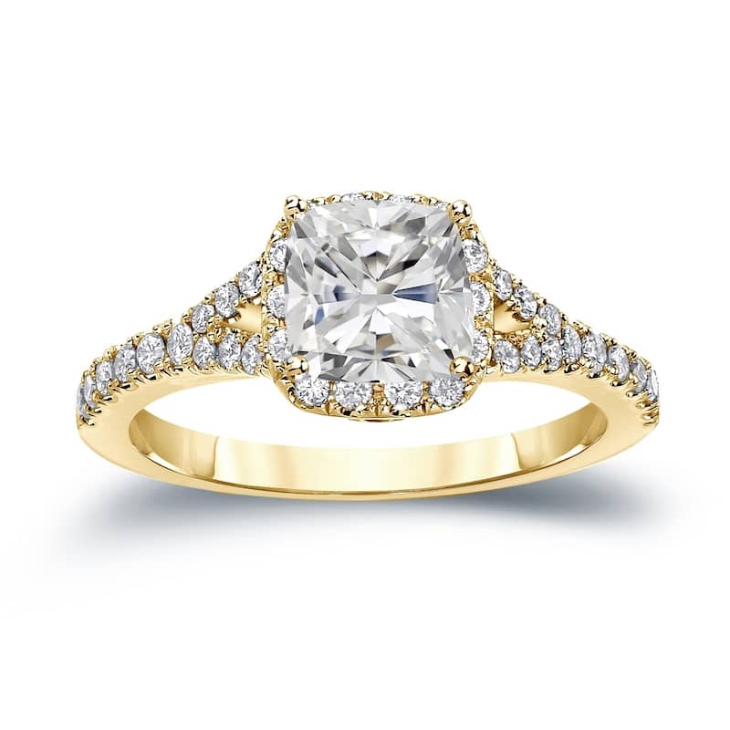 Auriya 14k Gold 1 1/2ctw Cushion-cut Halo Diamond Engagement Ring Certified (H-I, I1-I2) - Yellow - 9.5
