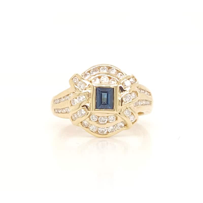 Kabella Yellow Gold Emerald Cut Sapphire and Diamonds Vintage Ring