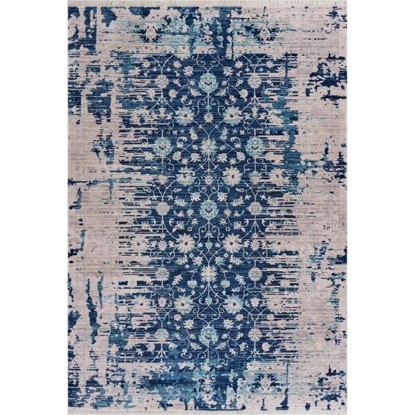 Traditional Distressed Navy Floral Area Rug 9'10" x 13'0" - 9'10" x 13'0"