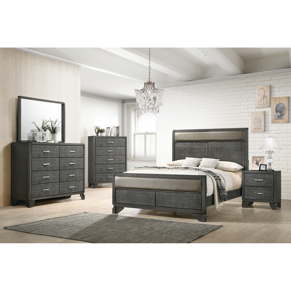 King Panel Bed Chest Two Nightstands Mirror Dresser Roundhill Furniture Floren Contemporary