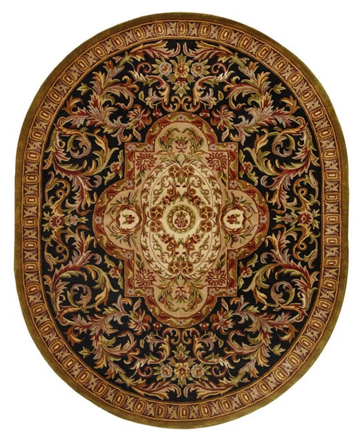 Handmade Classic Royal Black/ Beige Wool Rug (76 X 96 Oval)