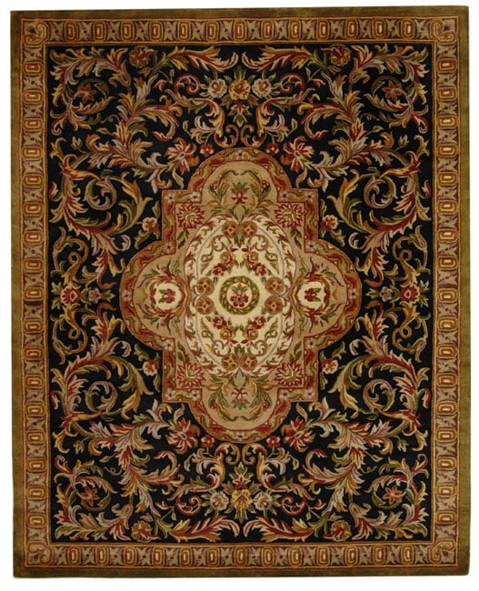 Handmade Classic Royal Black/ Beige Wool Rug (83 X 11)