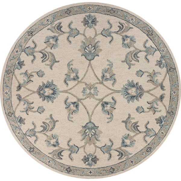 Mirroring Ivory and Blue Floral Bloom Area Rug 4'10" Round - 4'10" Round