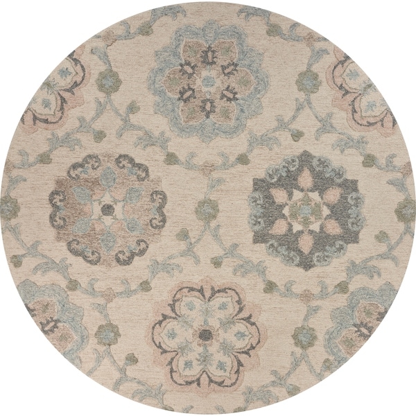 Delicate Ivory and Light Blue Traditional Floral Area Rug 4'10" Round - 4'10" Round