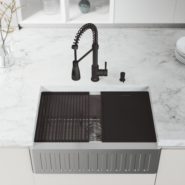 VIGO 30" Oxford Stainless Steel Slotted Apron Kitchen Sink Workstation with Brant Faucet in Steel & Soap Dispenser