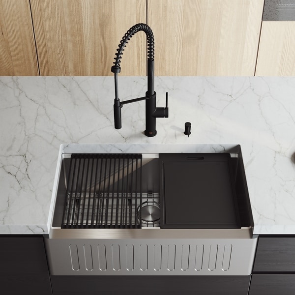 VIGO 33" Oxford Stainless Steel Slotted Apron Kitchen Sink Workstation with Black Livingston Faucet & Soap Dispenser