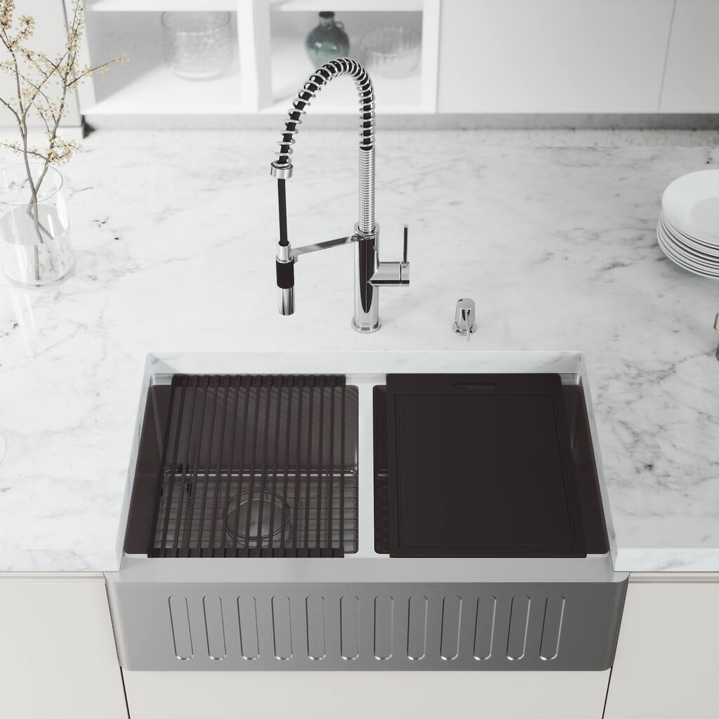 VIGO 33" Oxford Stainless Steel Slotted Apron 2-Bowl Kitchen Sink Workstation with Chrome Livingston Faucet & Soap Pump