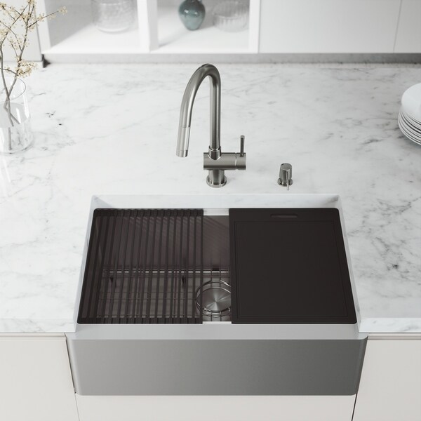 VIGO 30" Oxford Stainless Steel Flat Apron Kitchen Sink Workstation, Stainless Steel Gramercy Faucet & Soap Dispenser