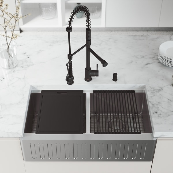 VIGO 36" Oxford Stainless Steel Slotted Apron 2-Bowl Kitchen Sink Workstation with Black Zurich Faucet & Soap Dispenser