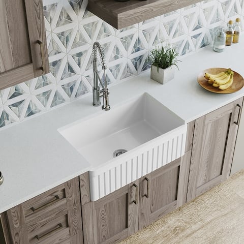 MR Direct 412 Fireclay Farmhouse Kitchen Sink, Ensemble