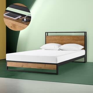 Priage by Zinus Metal and Wood Platform Bed with Headboard Shelf