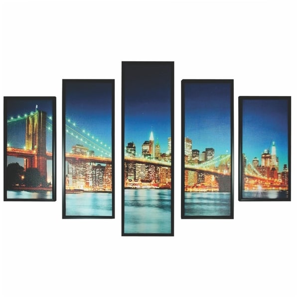 5 Piece Wooden Wall Decor with New York City Bridge, Multicolor