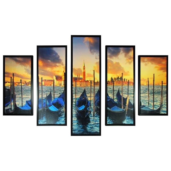 5 Piece Wooden Wall Decor with Venice City Coast Painting, Multicolor